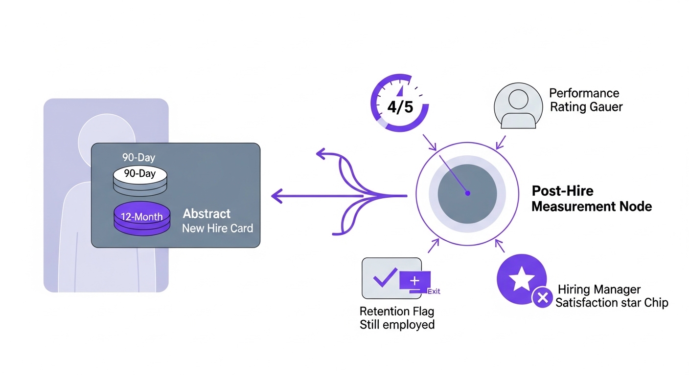 Illustration: quality of hire showing new hire cards entering a post-hire measurement node where 90-day performance ratings, 12-month retention flags, and hiring manager satisfaction scores combine into a composite metric chip, segmented by sourcing channel with a trend line