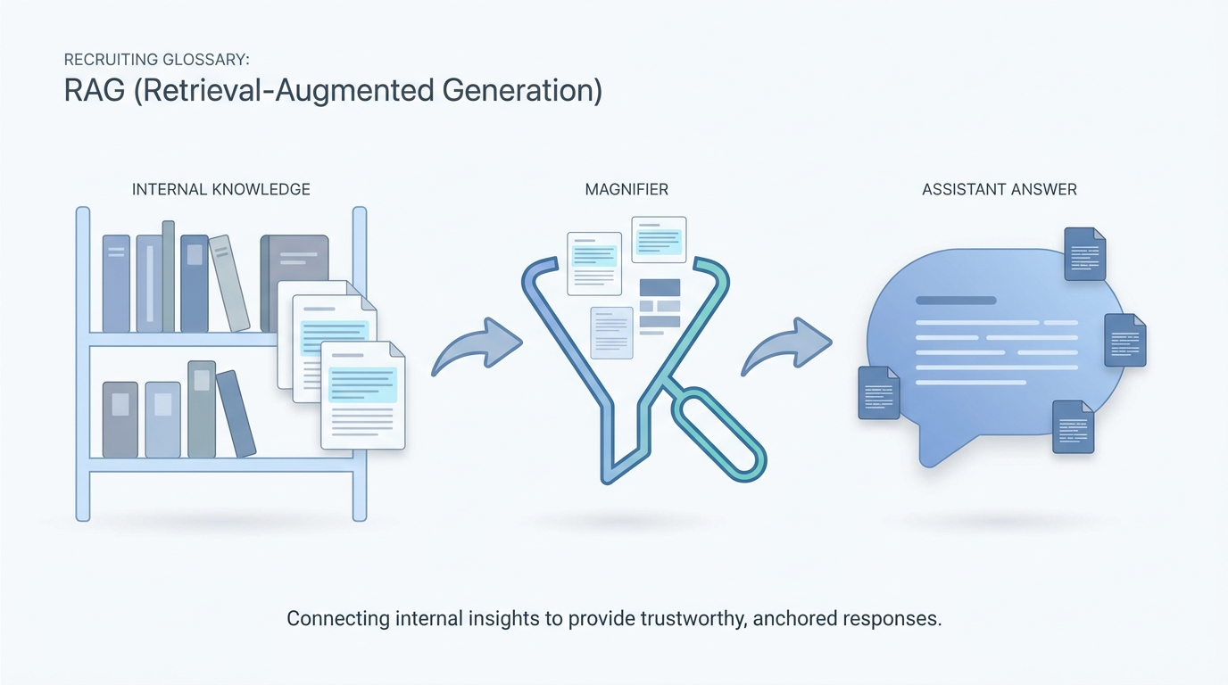 Illustration: Internal handbook snippets feeding an AI answer with small source chips attached