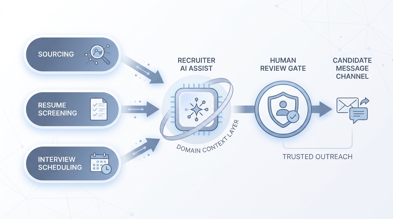 Illustration: Recruiter AI connecting sourcing, screening, and outreach steps through a purpose-built AI layer with a human review gate before candidate-facing actions