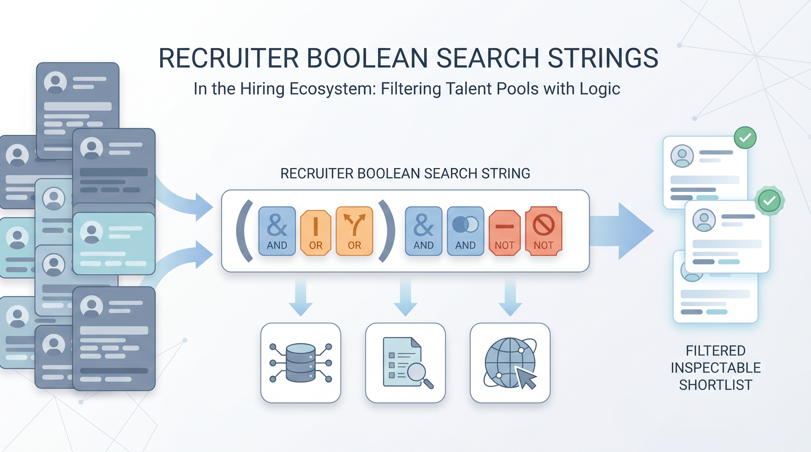 Illustration: Boolean search strings built from AND, OR, and NOT token chips filtering a large talent pool into a focused shortlist across database, job board, and web search platforms