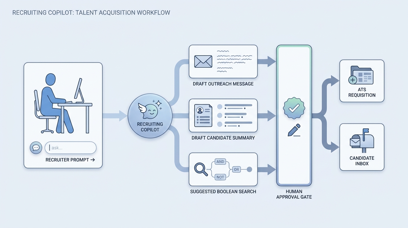 Illustration: a recruiting copilot sits beside a recruiter, drafting outreach, summarizing a profile, and suggesting next steps while the recruiter keeps the final approval