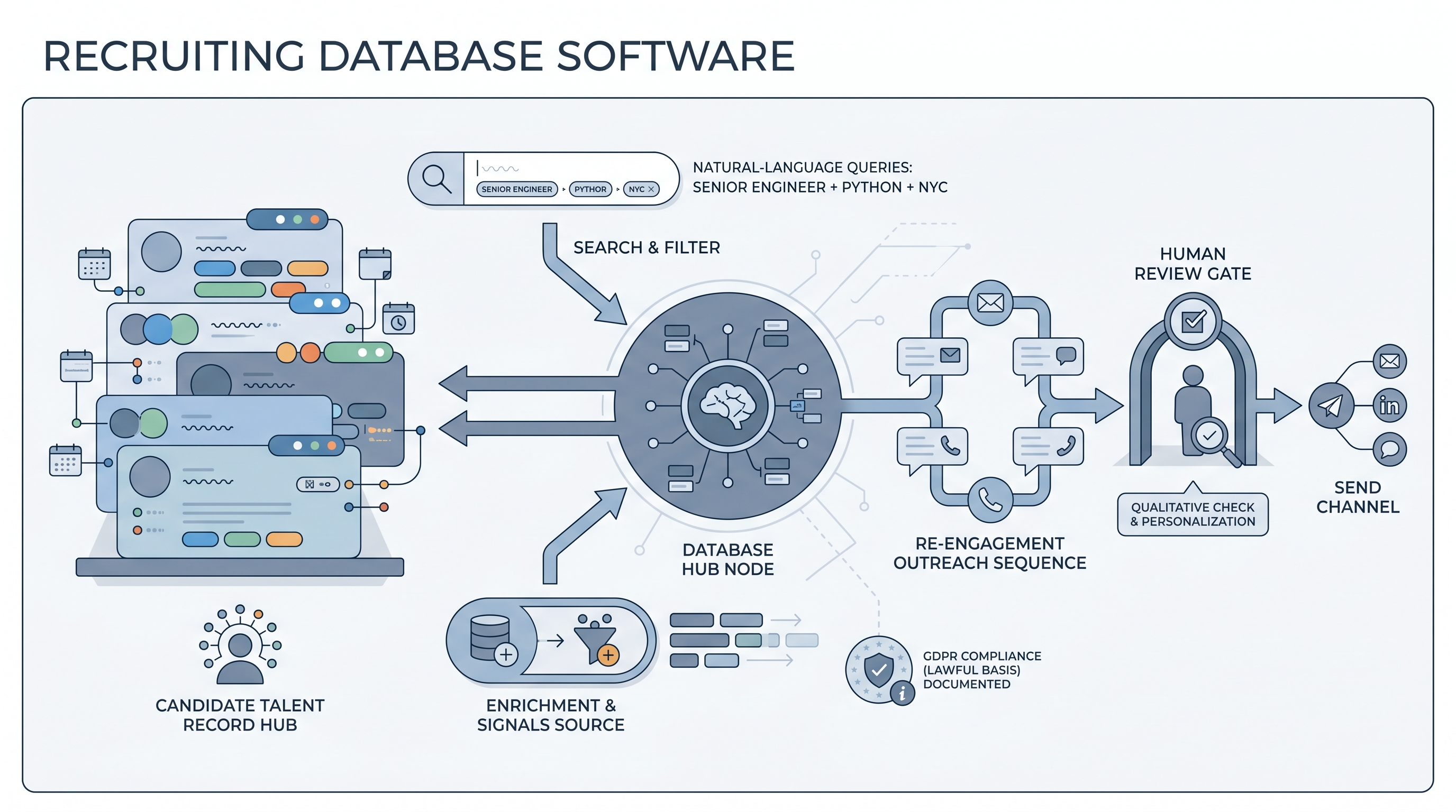 Illustration: recruiting database software as a person-centric talent record hub with search, tag, and contact-history nodes connected to an enrichment source and a re-engagement outreach path with a human review gate