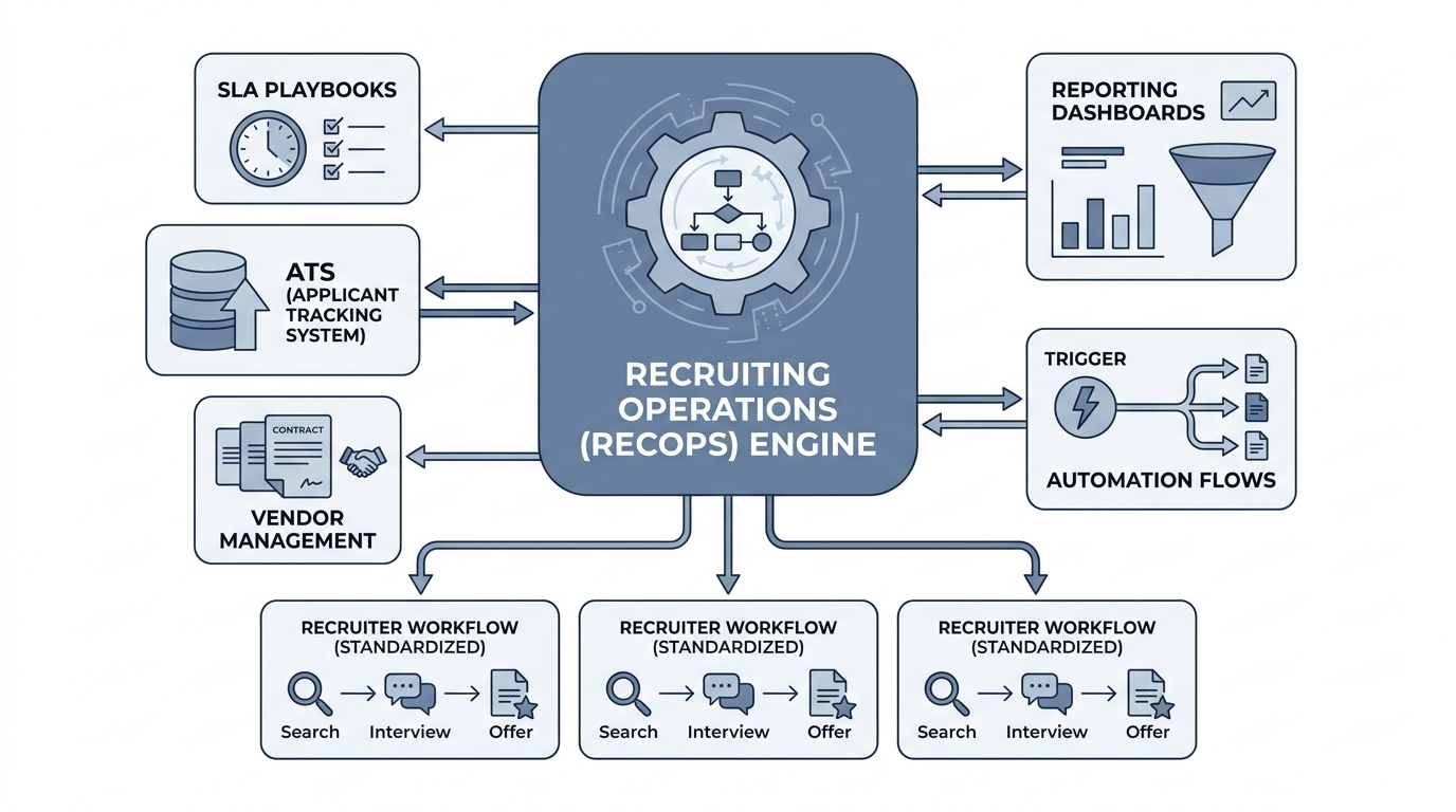 Illustration: recruiting operations connects an applicant tracking system, reporting dashboards, automation, vendor management, and recruiter workflows in one engine room