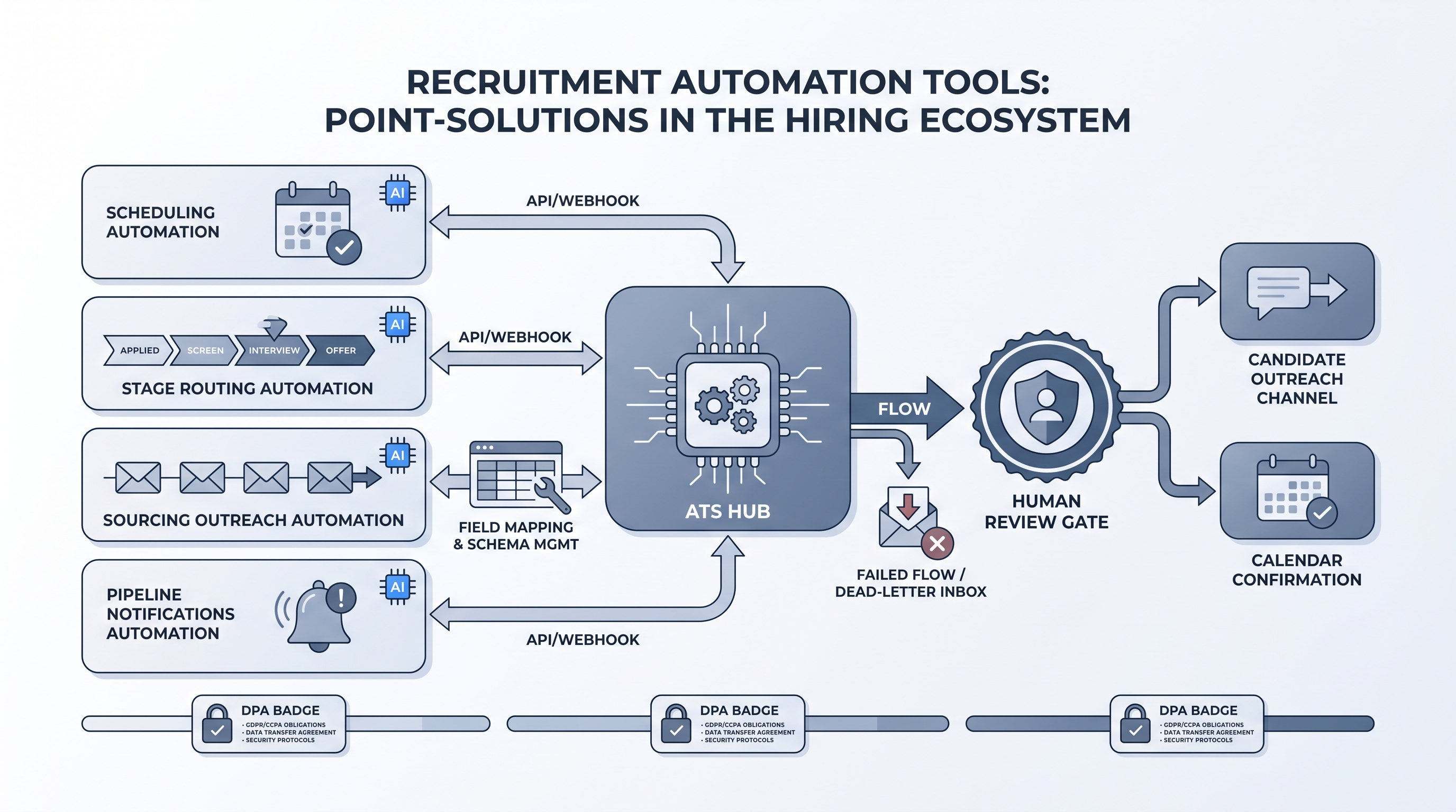 Illustration: recruitment automation tools as individual task-specific cards connected through an ATS hub, with an AI assist chip and a human review gate before candidate-facing outreach