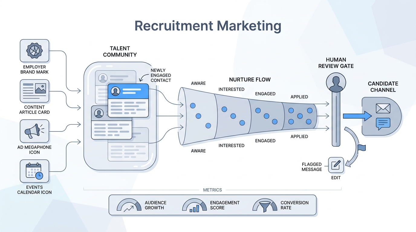 Illustration: recruitment marketing as a funnel where employer brand, content, ads, and events feed a talent community that nurtures known candidates toward applications, with a human review gate before messages reach candidates