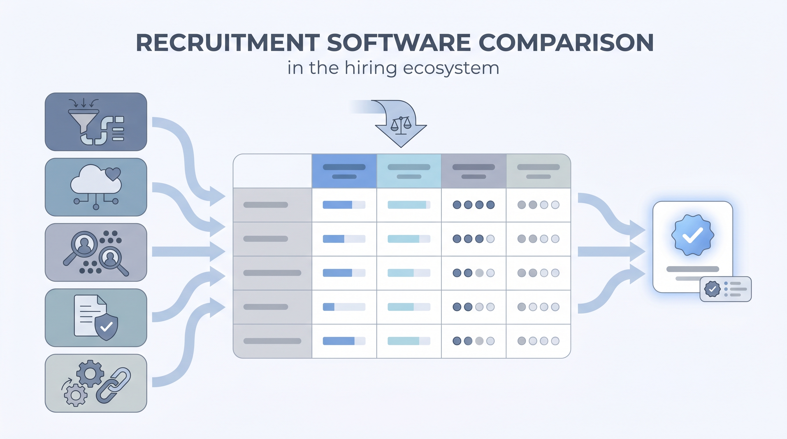 Illustration: recruitment software comparison showing five category tiles for ATS, CRM, sourcing, screening, and automation feeding into a structured criteria scorecard that outputs a selected stack card