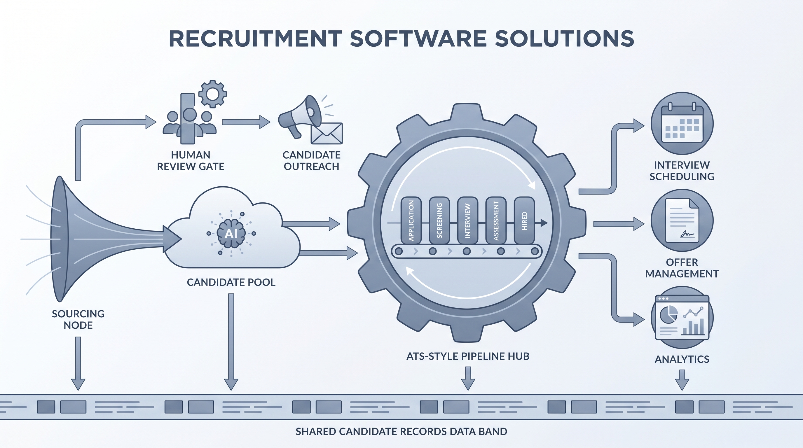 Illustration: recruitment software solutions as an interconnected ecosystem of sourcing, ATS pipeline, screening, scheduling, and analytics nodes sharing a common data band, with a human review gate before candidate-facing actions and a team evaluating the connected stack