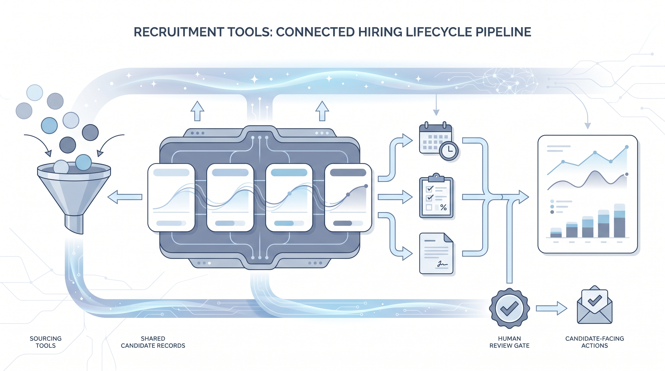 Illustration: recruitment tools as a connected hiring lifecycle pipeline spanning sourcing, ATS pipeline, screening, scheduling, and analytics, with an AI assist layer and a human review gate before candidate-facing actions