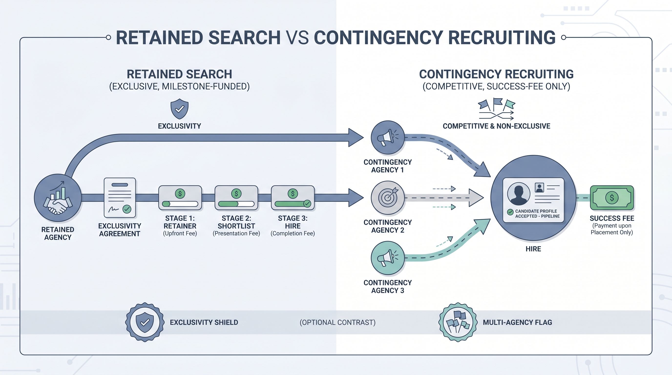 Illustration: retained search versus contingency recruiting as two parallel agency paths converging on a hired candidate node, with an exclusive commitment card and milestone payment strip on the retained side and a competitive multi-agency race with a single success-fee card on the contingency side
