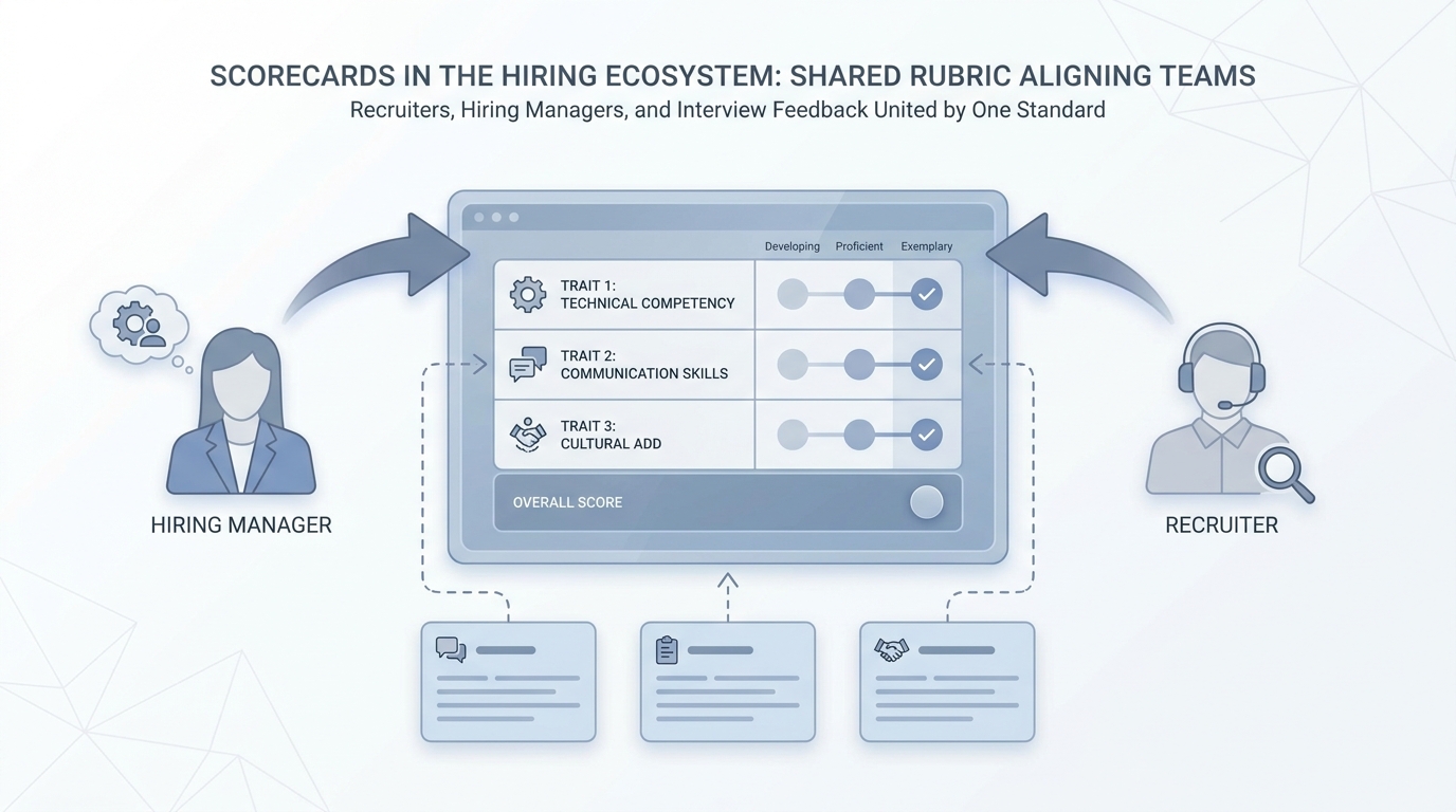 Illustration: A shared scorecard grid aligning hiring managers, recruiters, and interview notes