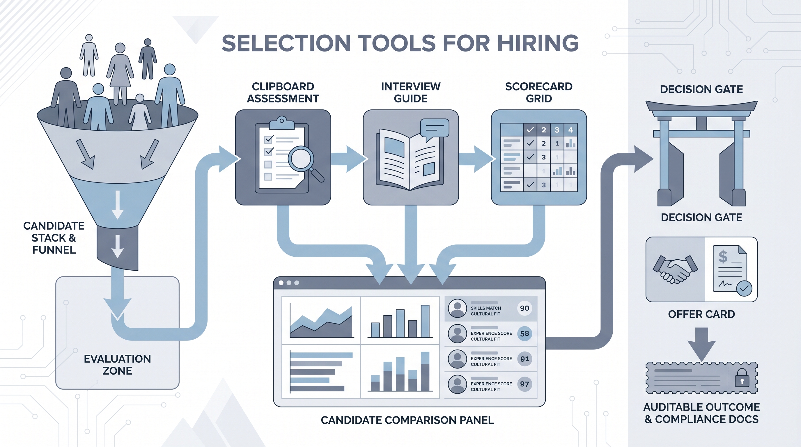 Illustration: selection tools for hiring showing candidate silhouettes flowing into three evaluation nodes (assessment clipboard, interview guide, scorecard grid) feeding a shared comparison panel, then passing through a decision gate with an offer card and a compliance audit strip beneath