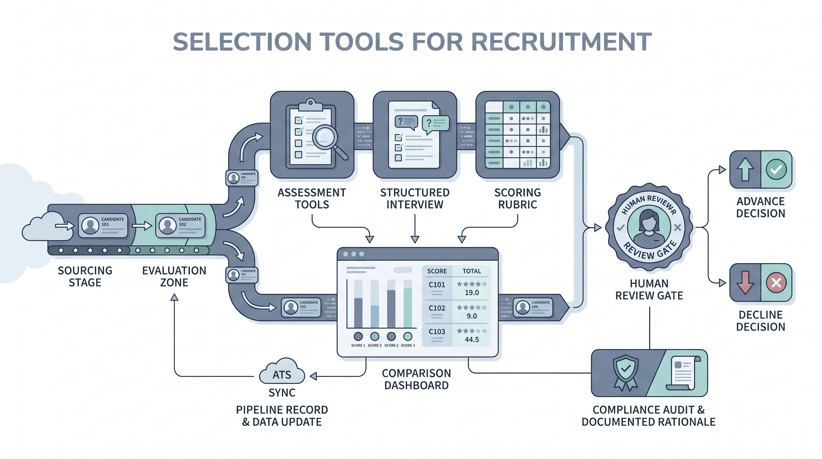 Illustration: selection tools for recruitment showing candidate chips entering a recruitment pipeline with three evaluation nodes (assessment clipboard, structured interview guide, scoring rubric) connecting to an ATS integration hub and a comparison dashboard, then passing through a human review gate with a compliance audit strip beneath