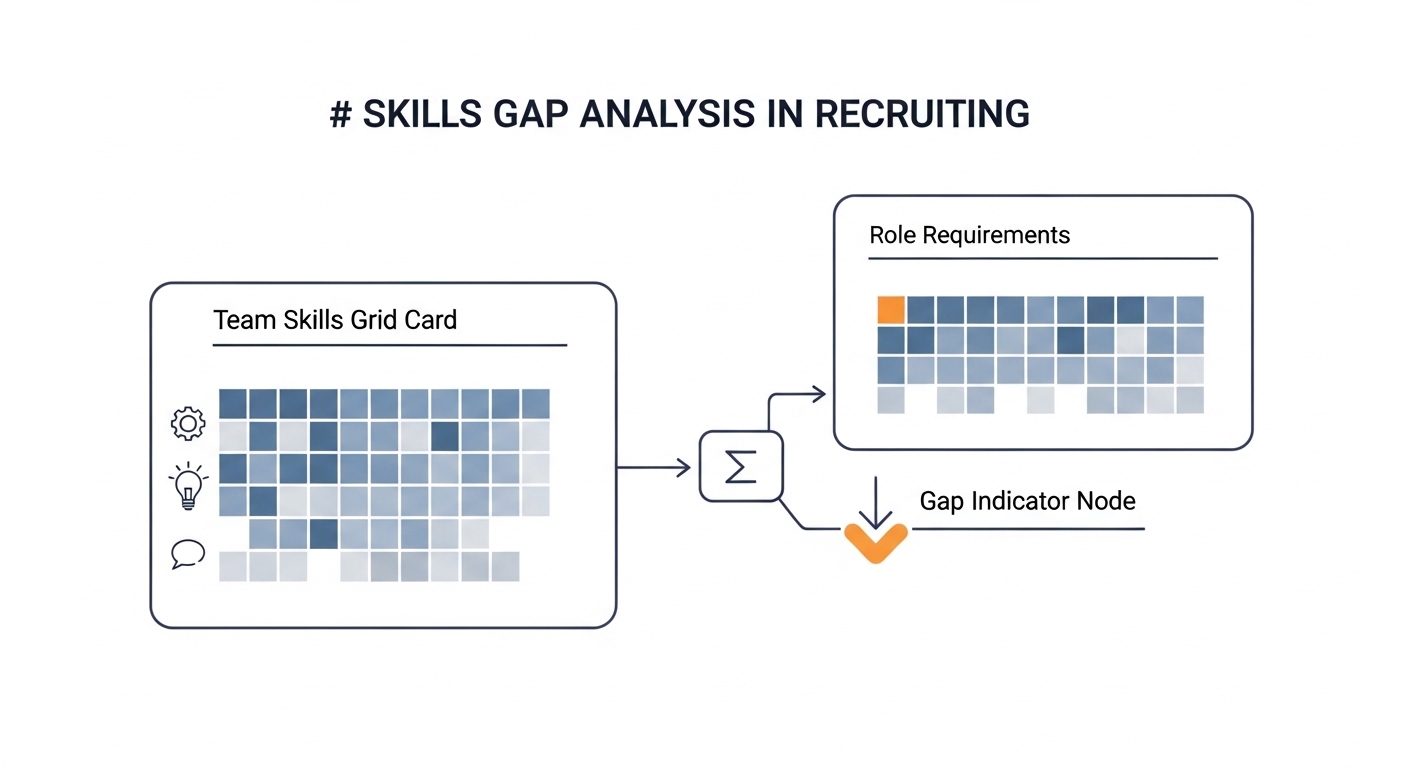 Illustration: a team skills grid with filled and empty cells compared against a role requirements card at a gap indicator node, with a decision fork branching into a sourcing path and an upskilling path