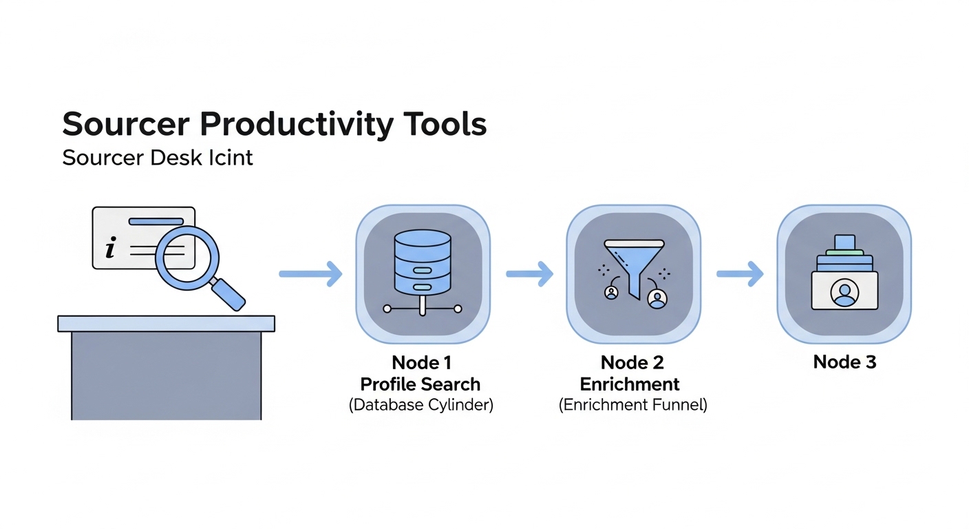 Illustration: sourcer productivity tool stack connecting profile database, contact enrichment, AI drafting, and outreach sequencing nodes through a human review gate into the candidate pipeline