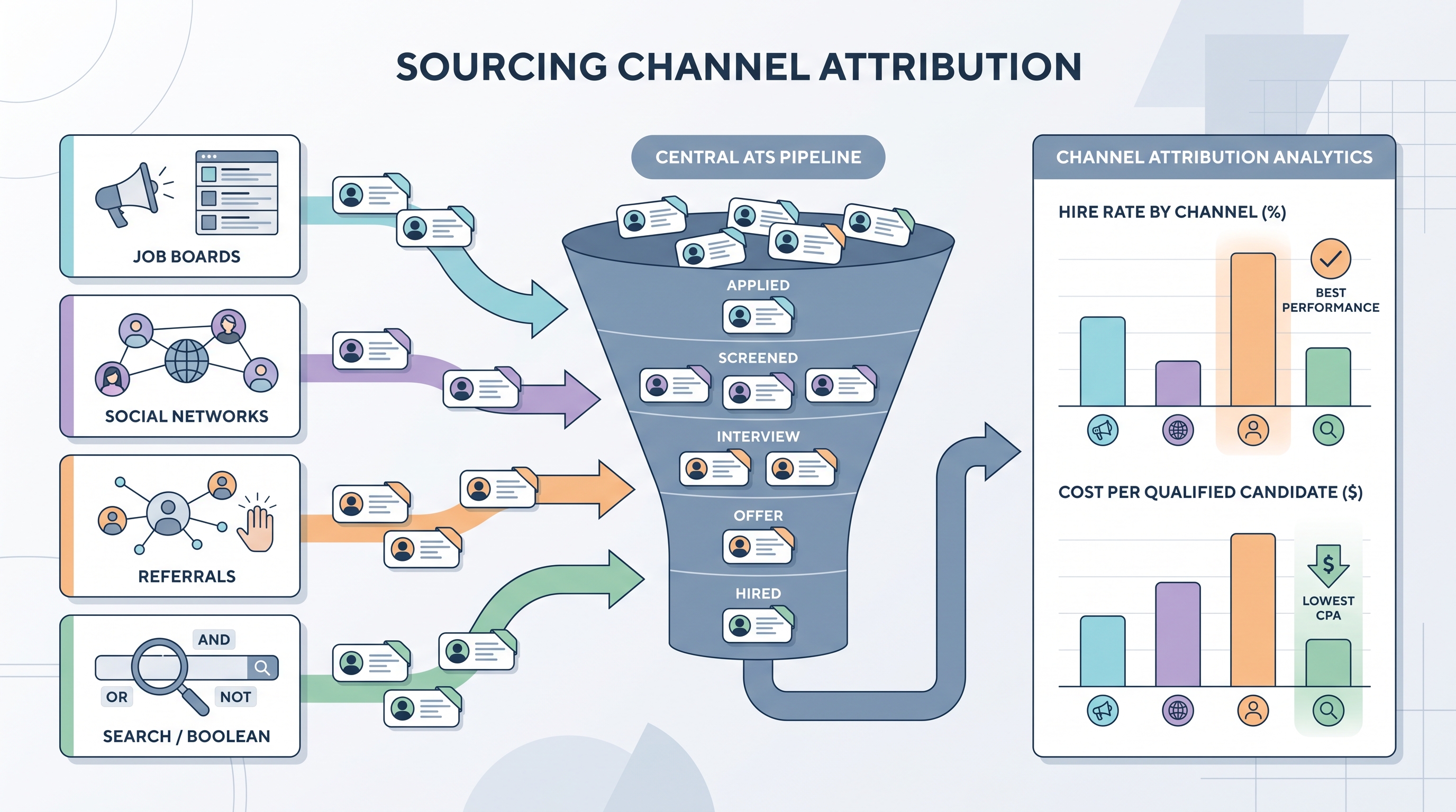 Illustration: multiple sourcing channels feeding candidate records tagged by source into a central ATS pipeline, with a channel performance comparison output showing hire rate and cost per qualified candidate