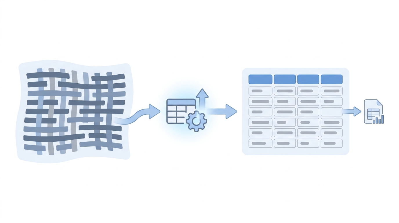 Illustration: Unstructured text converted into a neat table that connects to a spreadsheet
