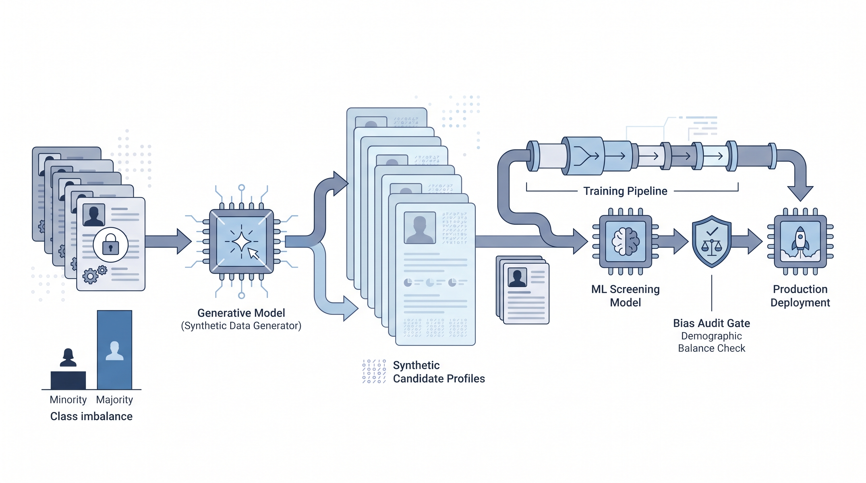 Illustration: a small real candidate dataset feeding a generative model node that outputs a larger synthetic dataset, both flowing into a training pipeline that passes through a bias audit gate before production deployment