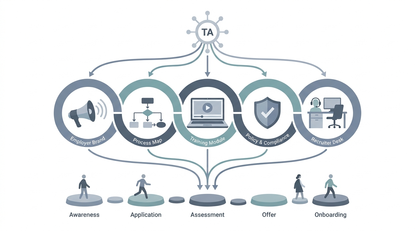 Illustration: Talent acquisition connecting brand, process, training, policy, and recruiters to the candidate journey