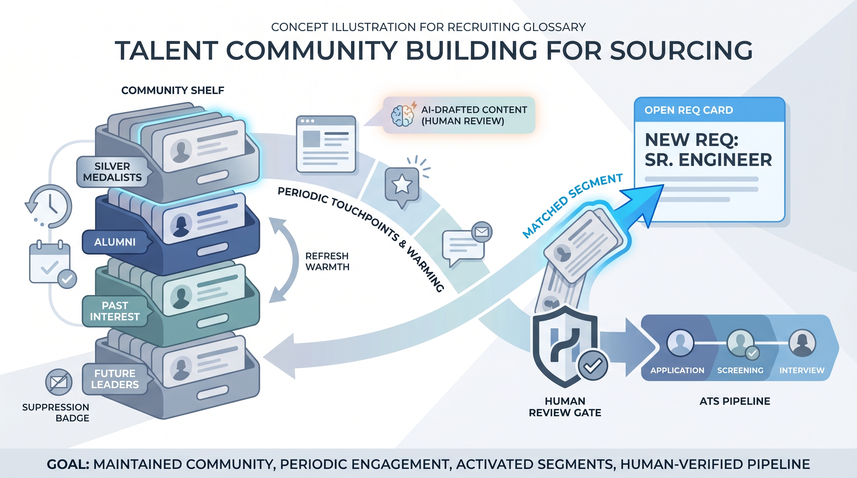Illustration: talent community building for sourcing showing segmented candidate groups receiving periodic warm touchpoints, with a sourcer activating a matching segment when a req opens and profiles flowing through a human review gate into the ATS pipeline