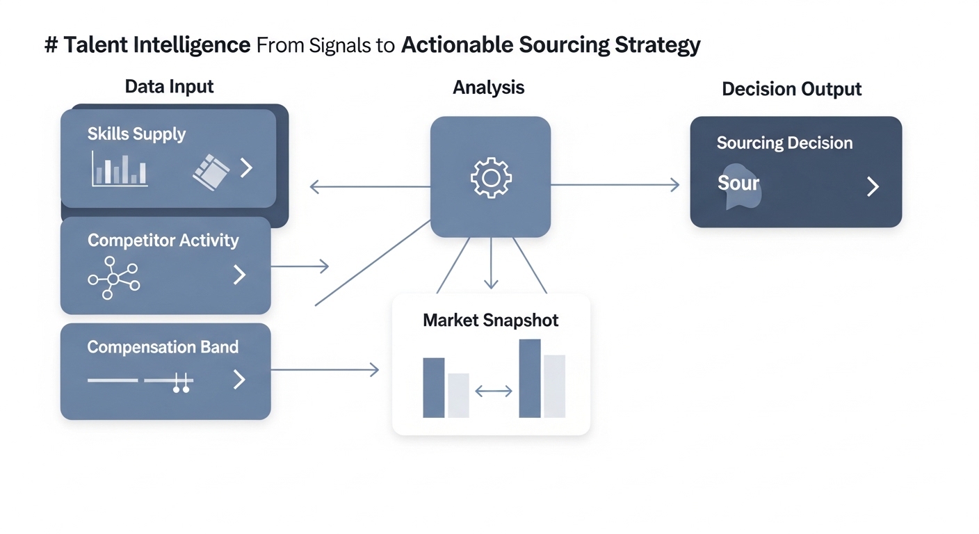 Illustration: three external data stream cards for skills count, competitor activity, and compensation band flowing into a market analysis node that outputs a sourcing decision card with a timeline bar showing search scope