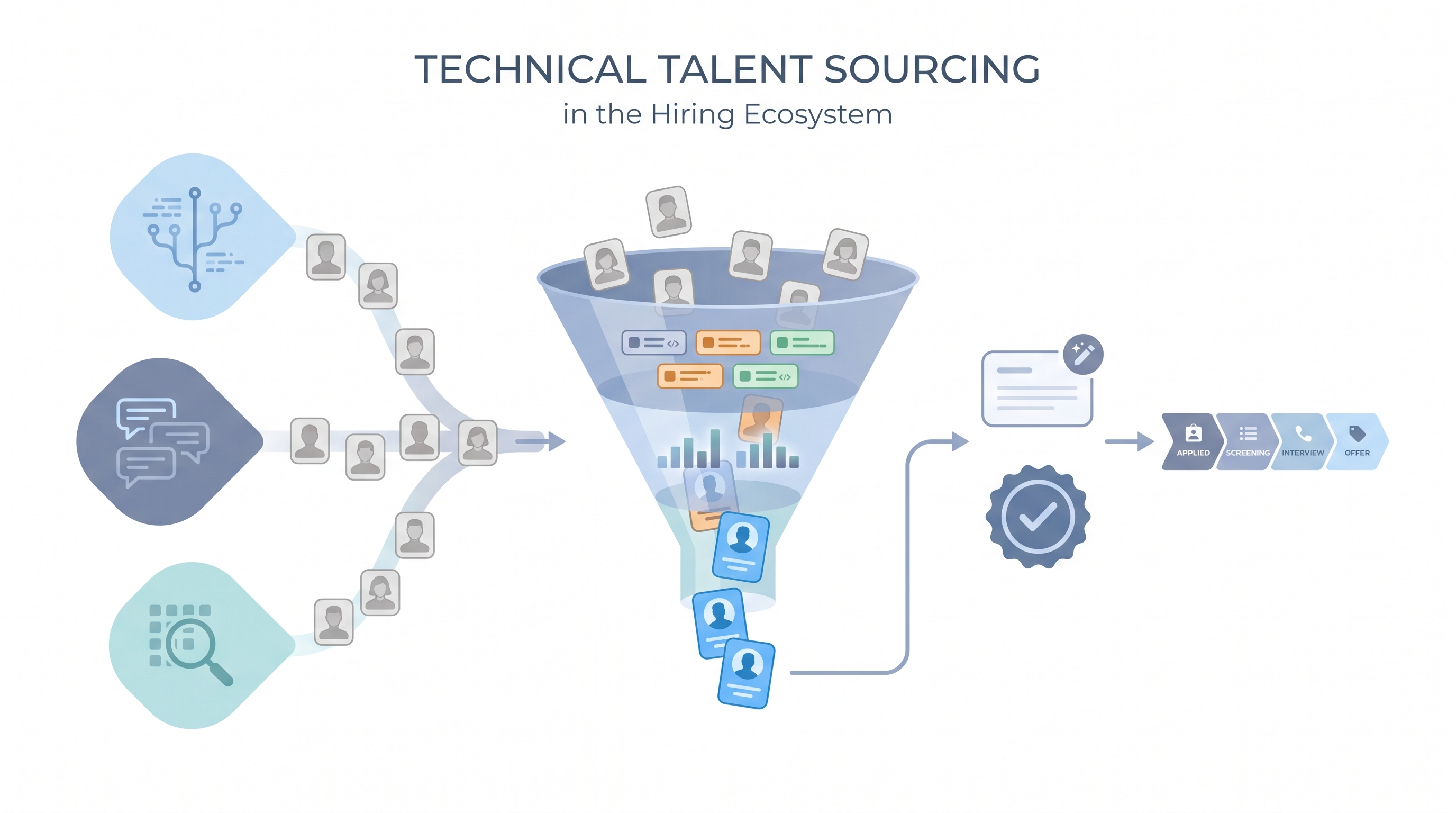 Illustration: technical talent sourcing showing developer platform signals and code repository activity feeding a skills-signal filter that narrows into a personalized outreach card with a human review gate before the candidate enters the hiring pipeline