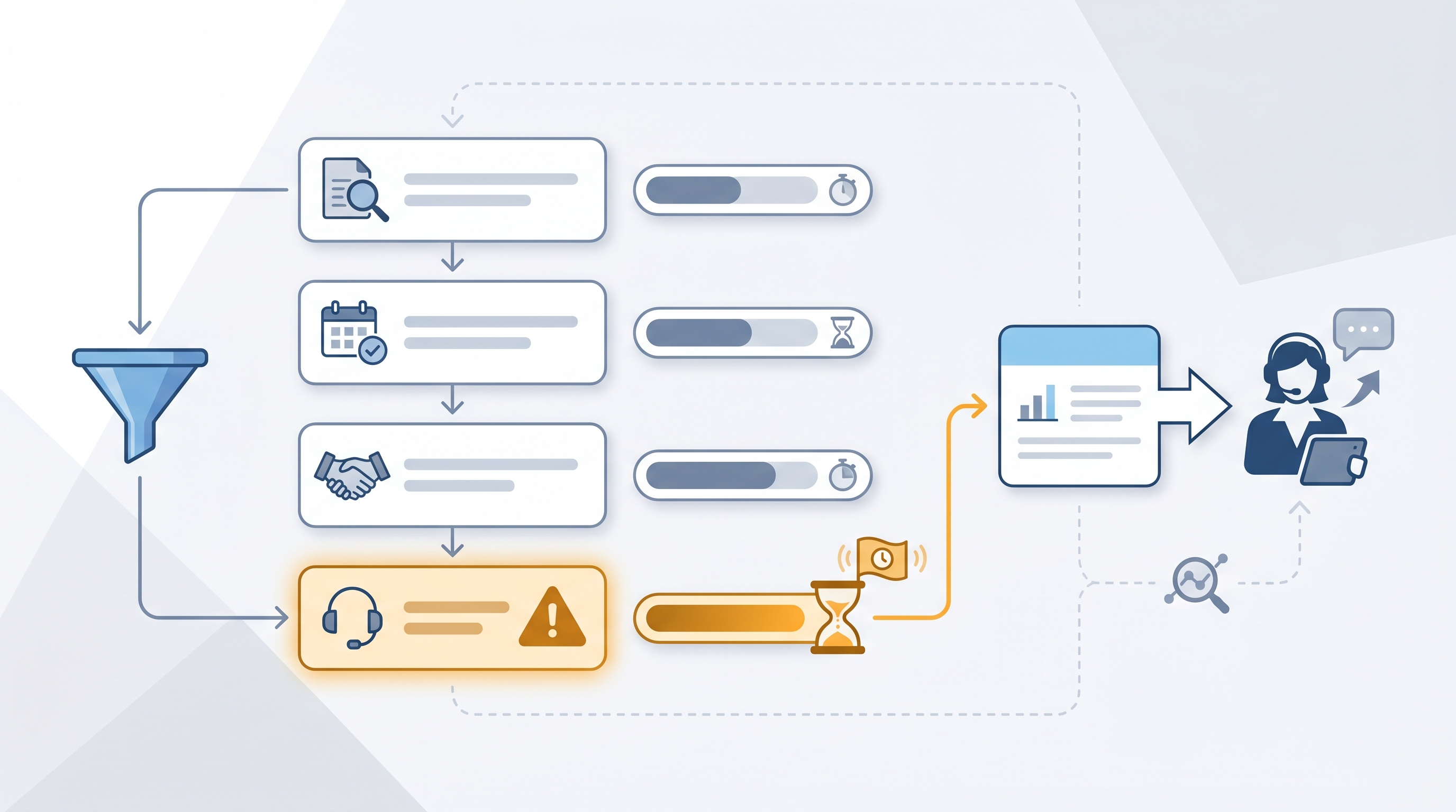 Illustration: time in stage reporting showing a hiring pipeline with stage lane cards each carrying an elapsed-time indicator, one bottleneck stage highlighted in amber with an alert flag, and a digest card on the right surfacing the delay for TA action