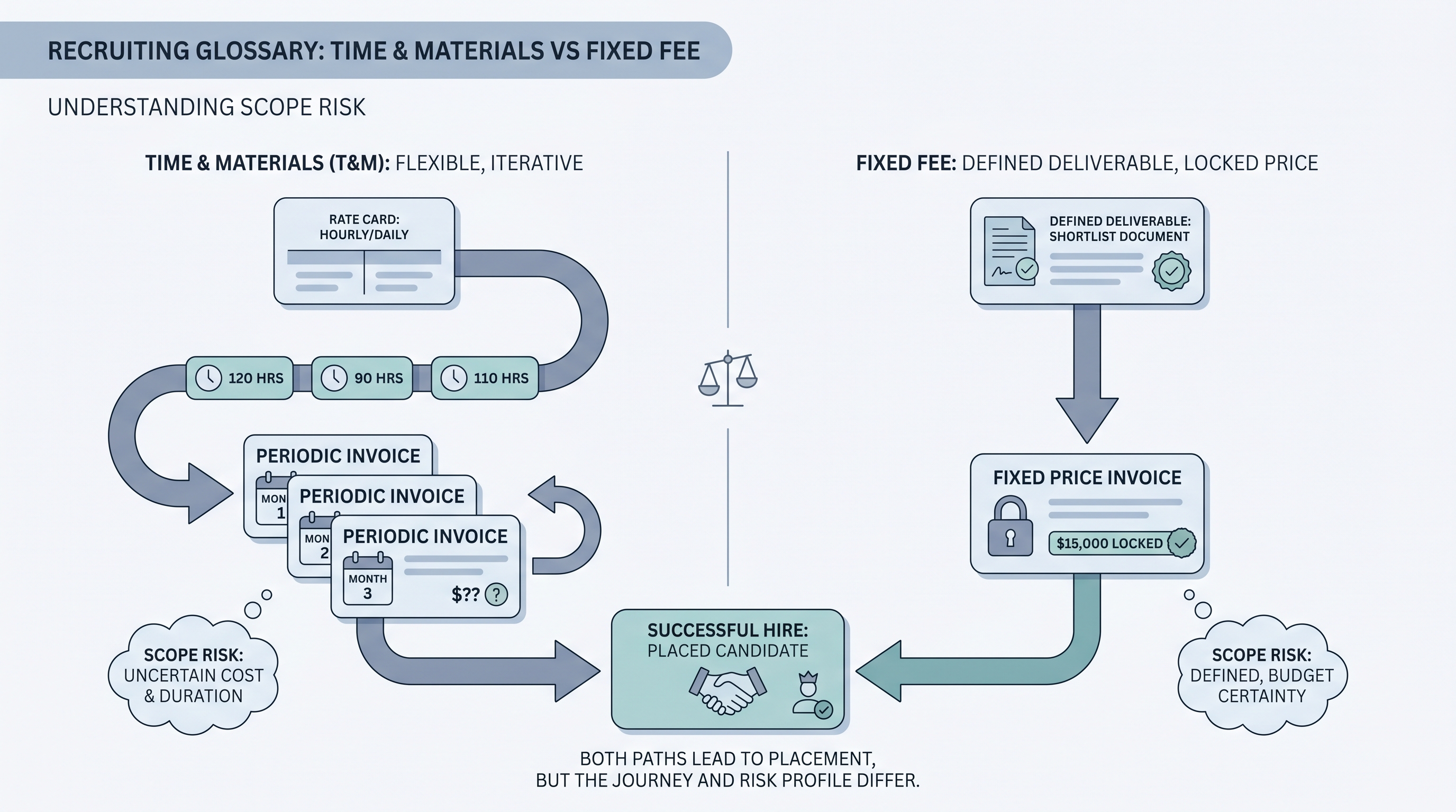 Illustration: time and materials versus fixed fee recruiting showing two parallel billing paths, T&M with a time-tracking strip and periodic invoices on the left, and fixed fee with a single deliverable card and one invoice on the right, converging at a placed-candidate milestone