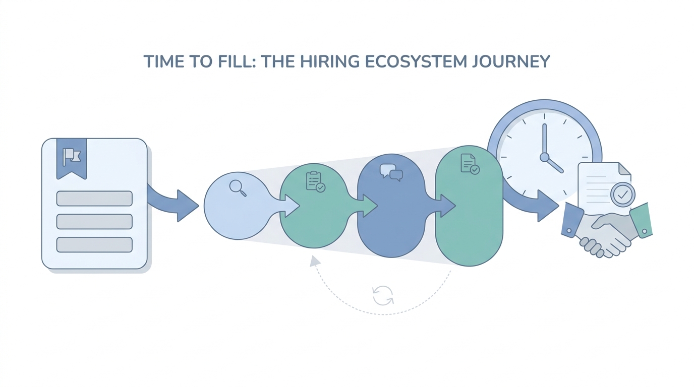 Illustration: a requisition card flowing through abstract hiring stages to an accepted offer, with a clock suggesting elapsed days without readable numbers