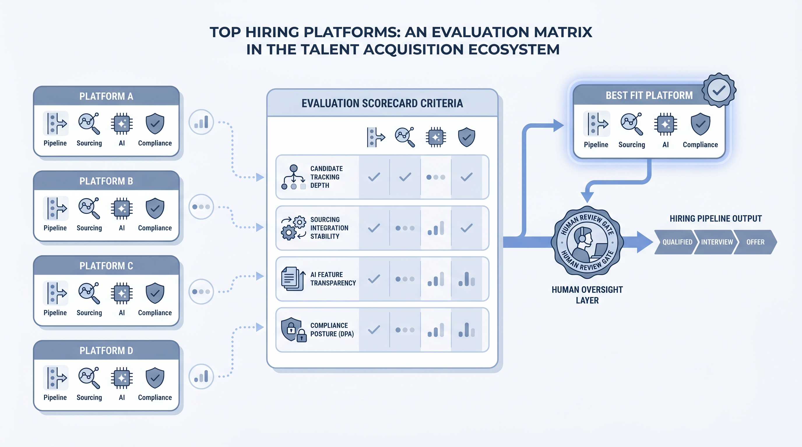 Illustration: top hiring platforms as an evaluation matrix comparing candidate tracking, sourcing, AI features, integration depth, and compliance posture across several generic platform tiles, with one highlighted as best fit