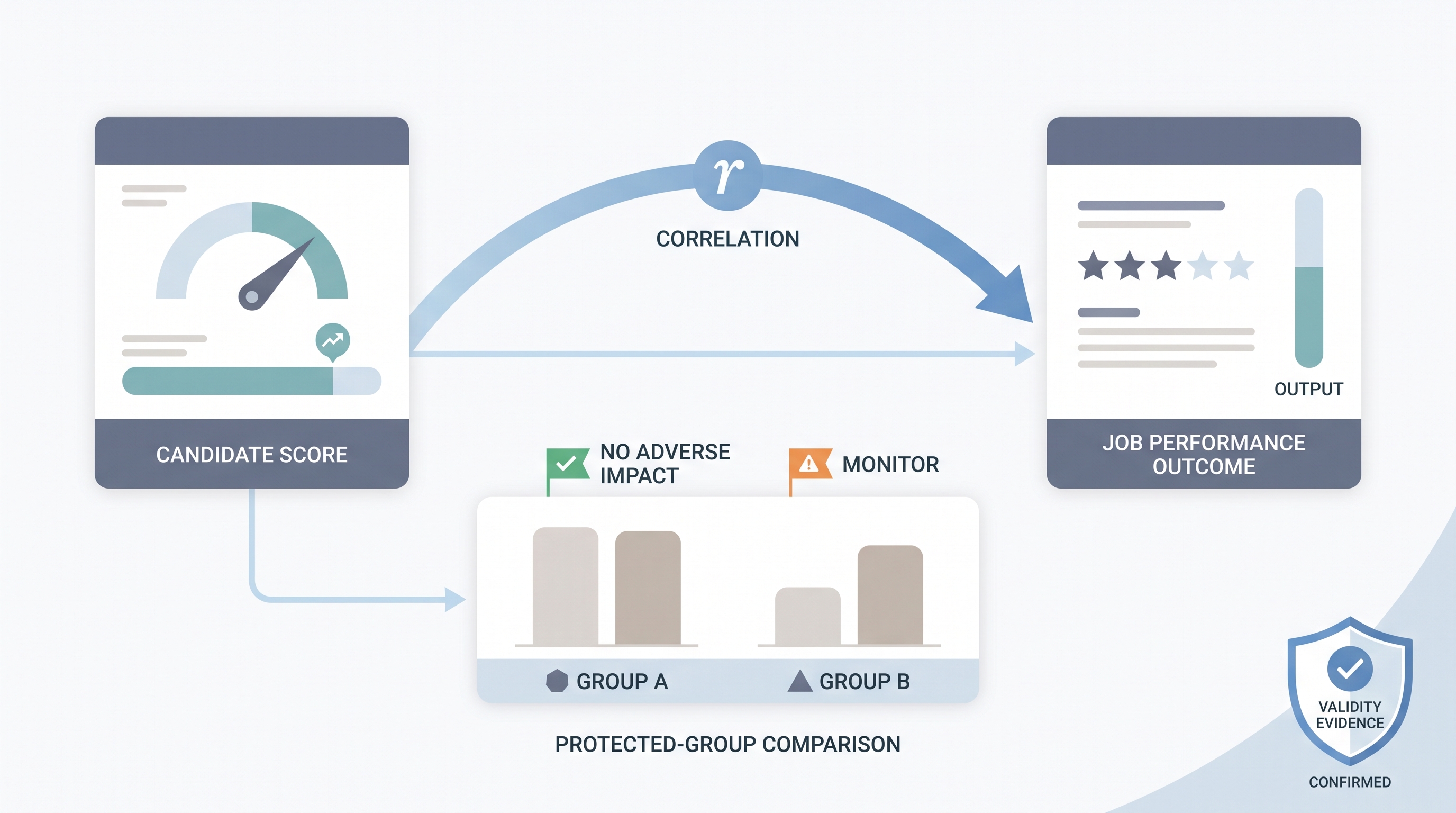 Illustration: an assessment score card on the left connected by a curved correlation arrow to a job performance metric card on the right, with a protected-group comparison strip beneath and a compliance badge confirming criterion validity evidence