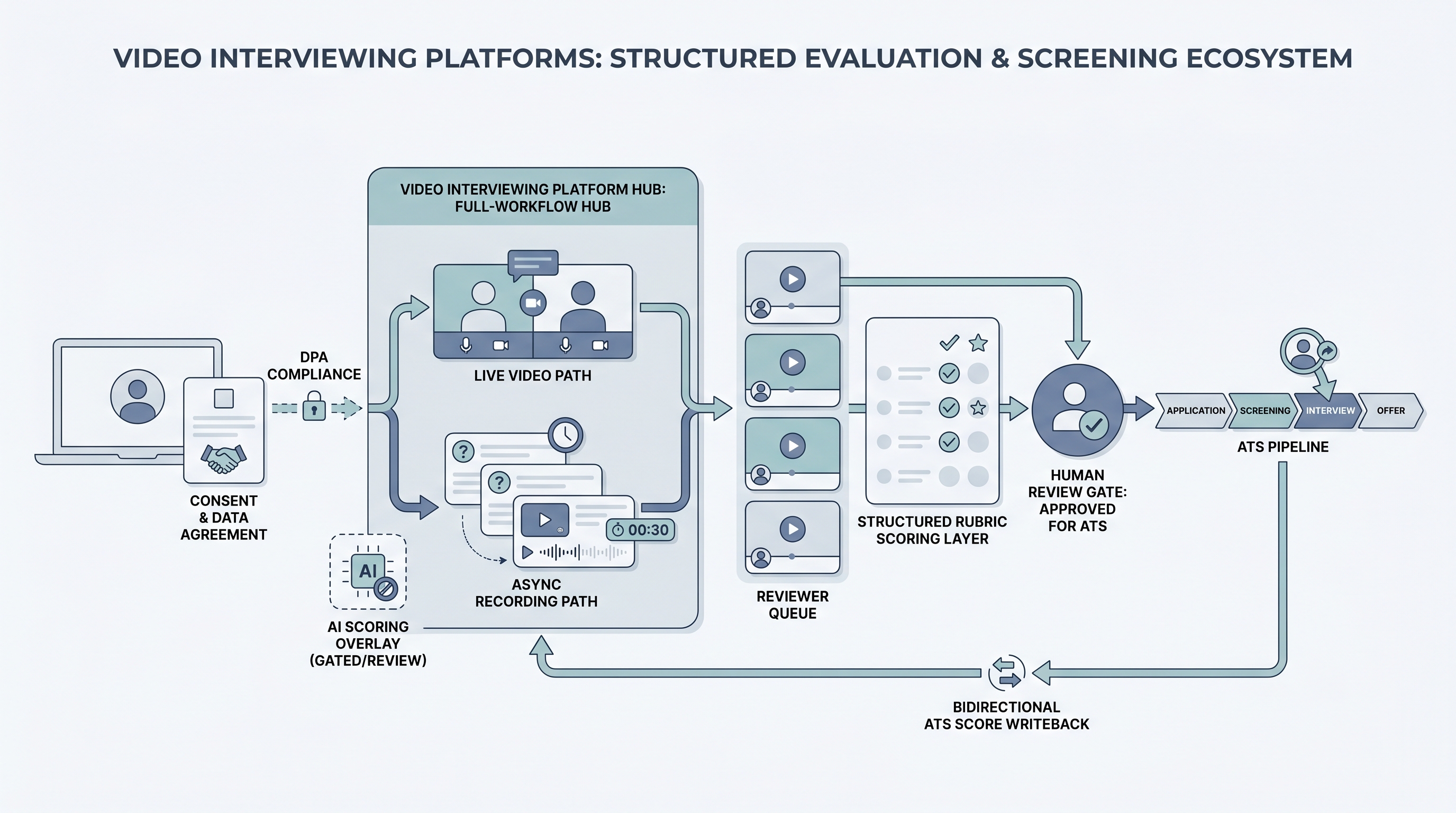 Illustration: video interviewing platforms as a hub connecting candidate recording and consent to structured async and live screening paths, with a rubric scoring layer and a human review gate before the ATS pipeline stage advance
