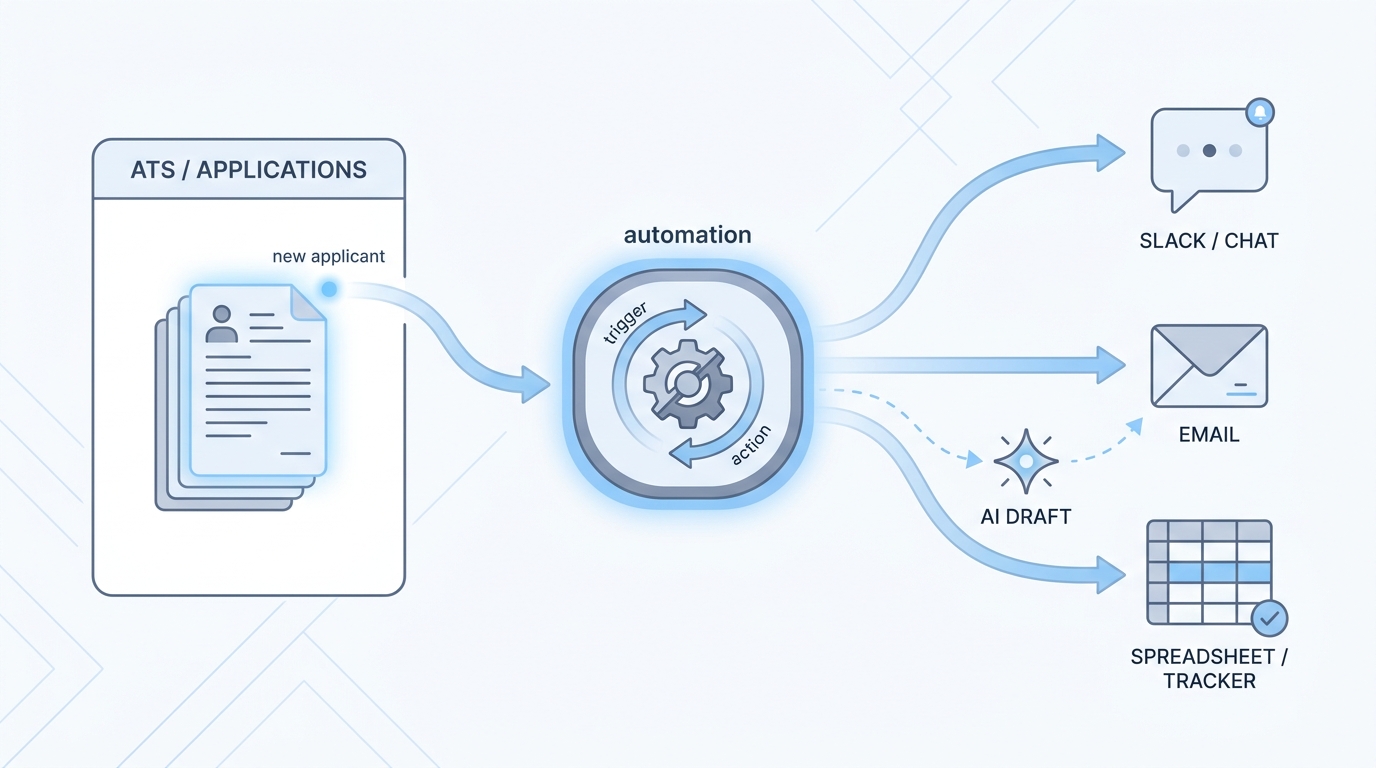 Illustration: recruiting workflow automation connects an applicant system, a central automation step, chat, email, a spreadsheet, and an optional AI assist
